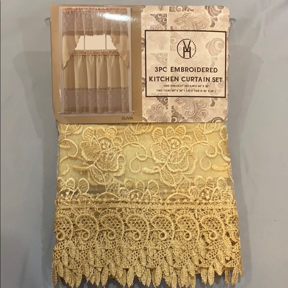 Oliva Gold 3PC Embroidered Kitchen Curtain